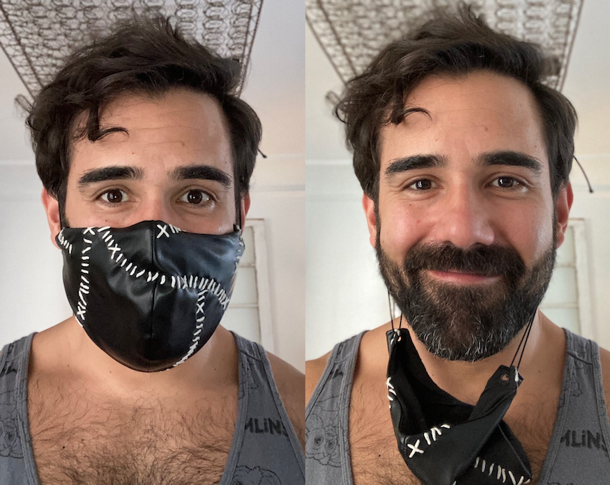 double headshot of Brian Otano, playwright, one with face mask, one without