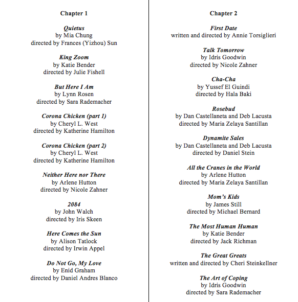 list of plays from Chapters 1 and 2; Alone, Together Zoom Festival