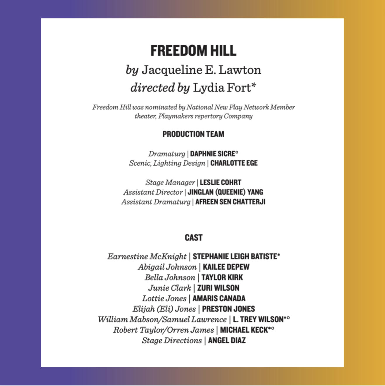 Cast lists for Freedom Hill
