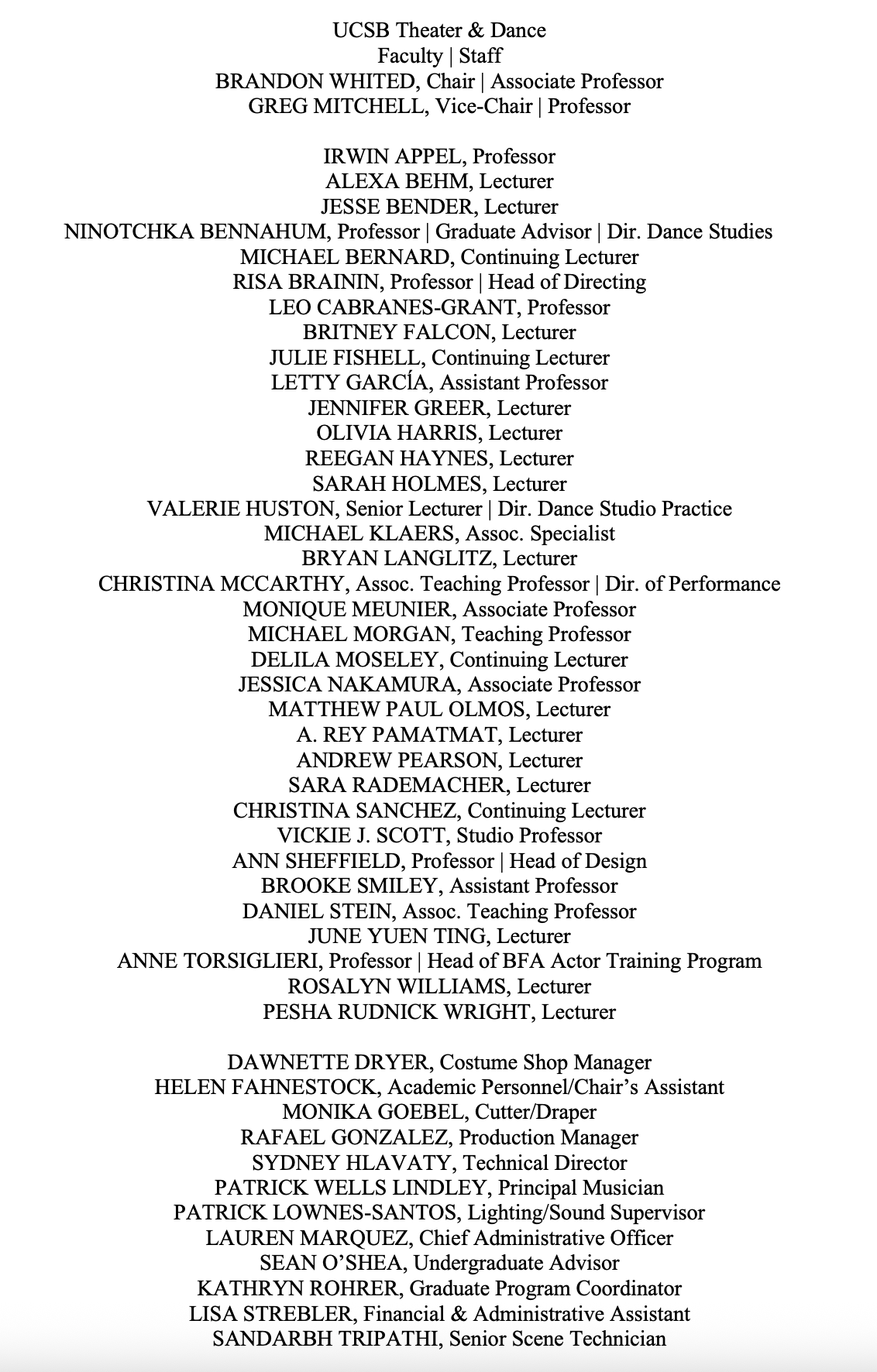 List of all Department Faculty and Staff