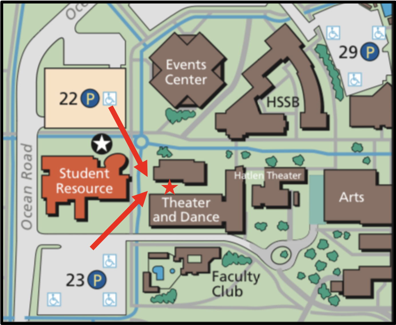map of Theater/Dance West Courtyard